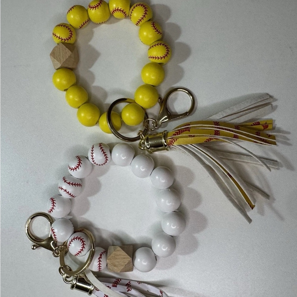 Yellow and White Baseball Beaded Keychain Bracelet